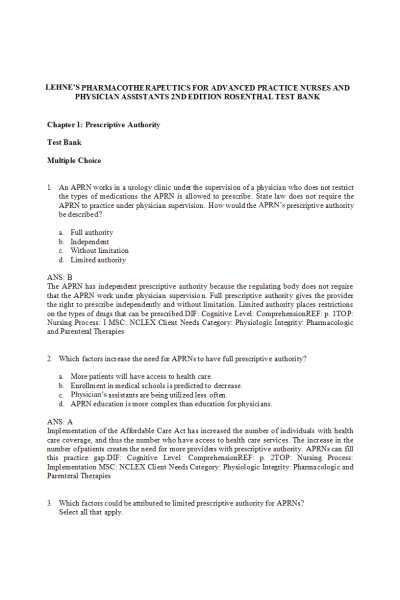 Rosenthal Lehne s Pharmacotherapeutics for Advanced Practice Providers; 2nd Edition (TestBank)