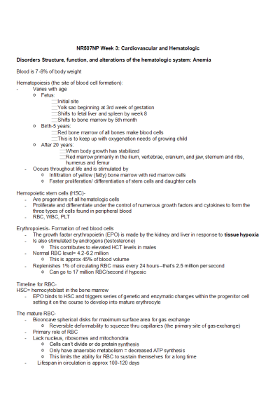 NR 507 Week 3 Readings- Notes; Cardiovascular and Hematological Disorders