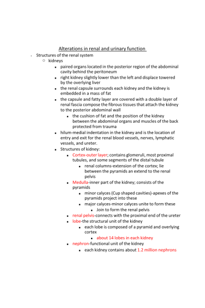 NR 507 Week 4 Notes-Alterations in renal and urinary function