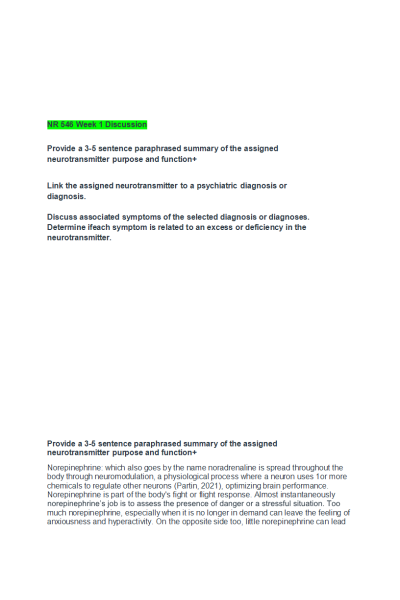 NR 546 Week 1 Discussion: Norepinephrine