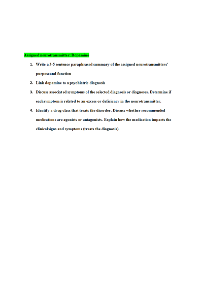 NR 546 Week 2 Discussion; Neurotransmitters - Dopamine