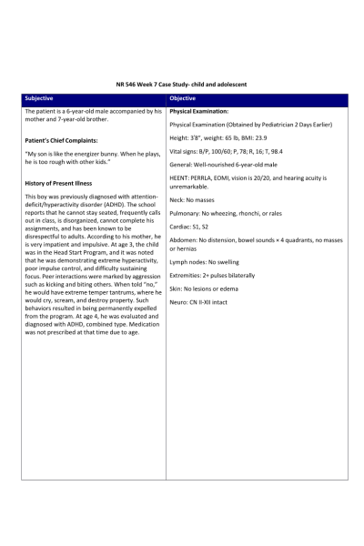 NR 546 Week 7 Case Study - Child and Adolescent