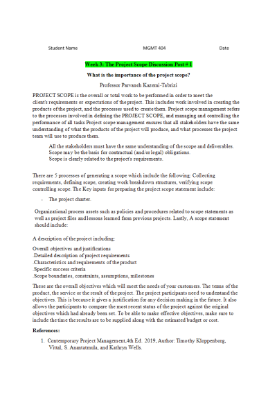MGMT 404 Week 3 Discussion: The Project Scope