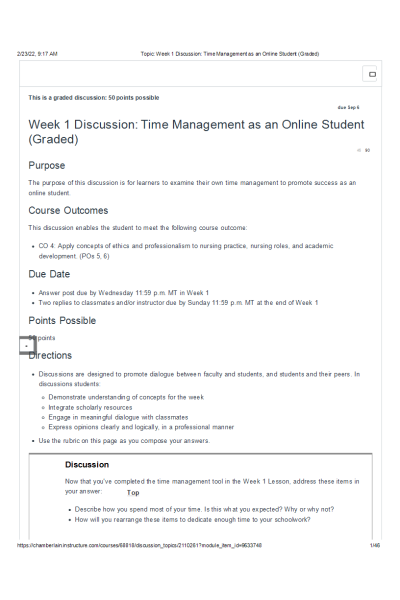 NR 351 Week 1 Discussion; Time Management as an Online Student