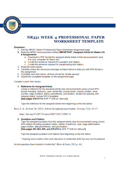NR 351 Week 4 Assignment; Professional Paper Worksheet