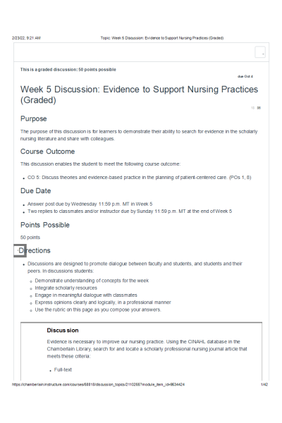 NR 351 Week 5 Discussion; Evidence to Support Nursing Practices