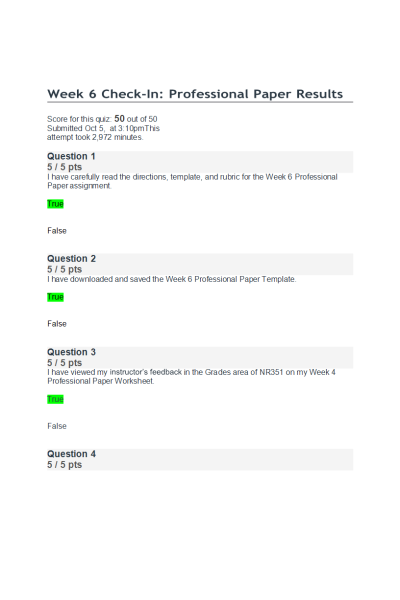 NR 351 Week 6 Check-In Professional Paper Results (Quiz Score; 50 out of 50)