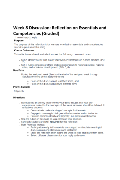 NR 351 Week 8 Discussion; Reflection on Essentials and Competencies