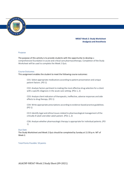 NR 567 Week 2 Study Worksheet; Analgesia and Anesthesia (All Correct Answers)