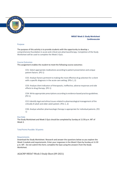 NR 567 Week 3 Study Worksheet; Cardiovascular (All Correct Answers)