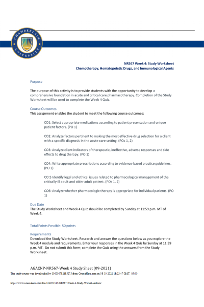 NR 567 Week 4 Study Worksheet; Chemotherapy, Hematopoietic Drugs, and Immunological Agents (All Correct Answers)