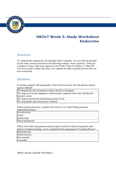 NR 567 Week 5 Study Worksheet; Endocrine (All Correct Answers)