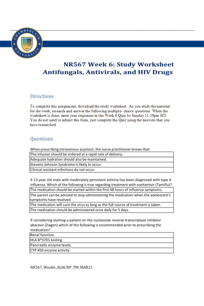 NR 567 Week 6 Study Worksheet; Antifungals, Antivirals, and HIV Drugs (All Correct Answers)