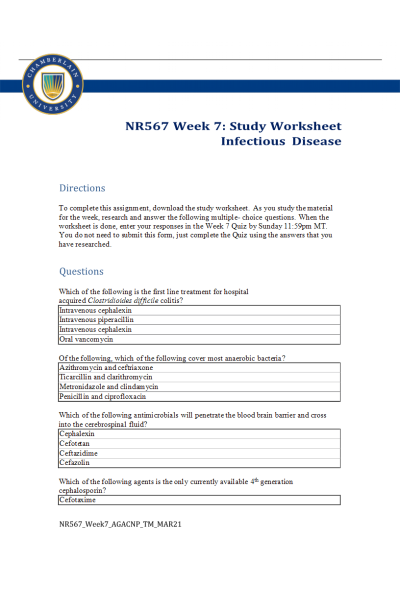 NR 567 Week 7 Study Worksheet; Infectious Disease (All Correct Answers)