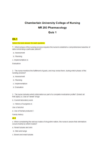 NR 293 Pharmacology Quiz 1