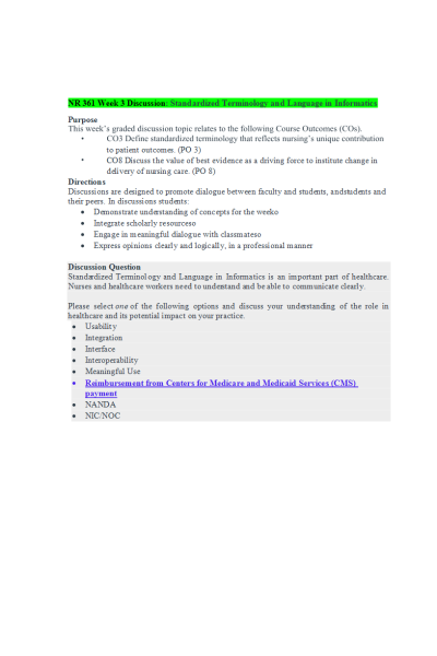 NR 361 Week 3 Discussion; Standardized Terminology and Language in Informatics - Reimbursement from Centers for Medicare and Medicaid Services (CMS) payment