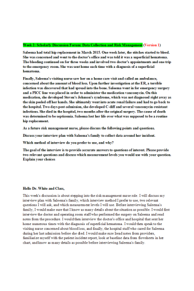 NR 544 Week 2 Scholarly Discussion Forum; Data Collection and Risk Management (2 Versions)