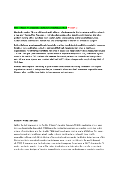 NR 544 Week 7 Collaboration Cafe; Patient Safety and Cost (3 Versions)