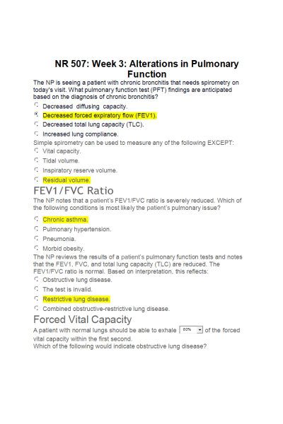 NR 507 Week 3 Assignment; Alterations in Pulmonary Function