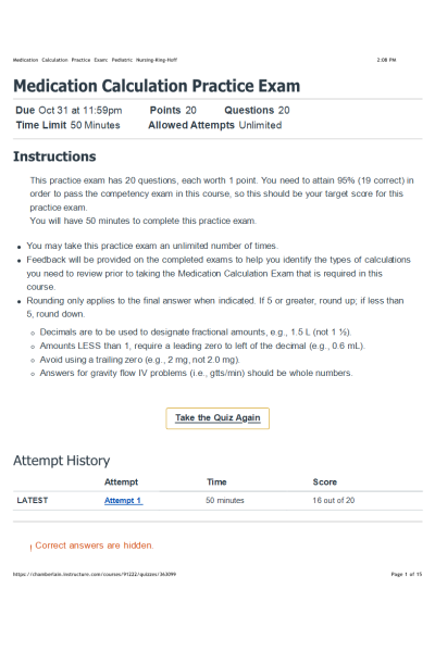 NR 442 Week 1 Medication Calculation Practice Exam