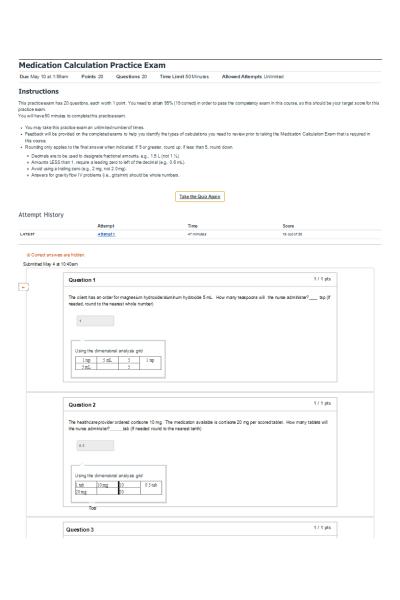 NR 446 Week 1 Medication Calculation Practice Exam