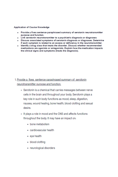 NR 546 Week 2 Discussion; Neurotransmitters - Serotonin