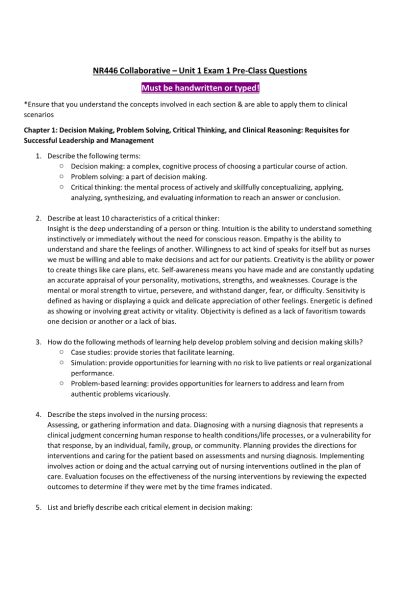 NR 446 Week 1 Exam 1 Pre-Class Questions