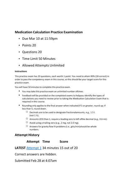 NR 324 Week 1 Medication Calculation Practice Examination