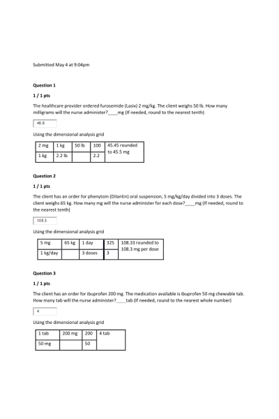 NR 328 Week 1 Medication Calculation Exam (Score; 20 out of 20)