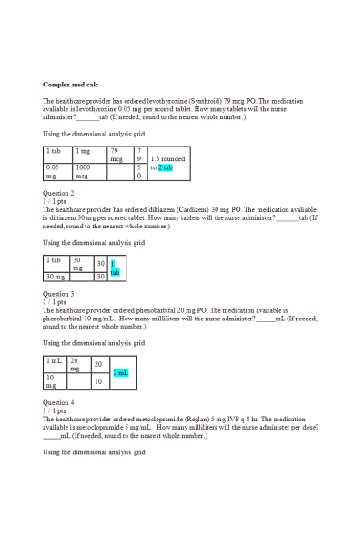 NR 341 Complex Medication Calculation