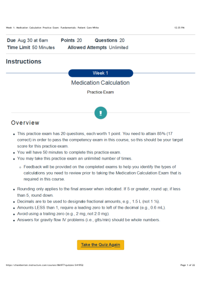 NR 226 Week 1 Medication Calculations; Practice Exam; Score 20 out of 20