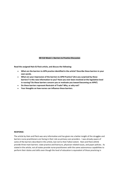 NR 510 Week 1 Case Study; Barriers to Practice Discussion - Response One
