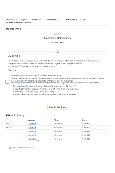 NR 327 Week 1 Medication Calculations; Practice Exam; Score 20 out of 20