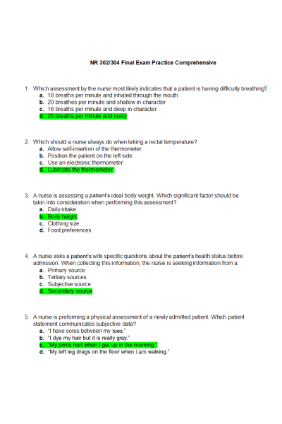 NR 302 Week 8 Final Exam Practice Comprehensive
