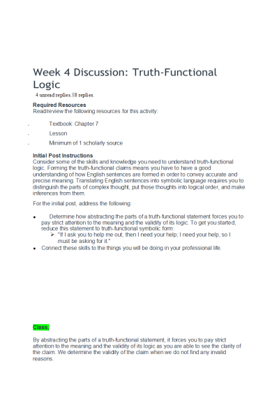 PHIL 347 Week 4 Discussion; Truth-Functional Logic