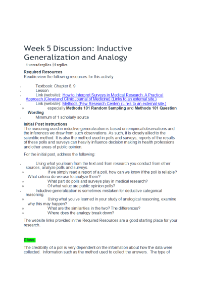 PHIL 347 Week 5 Discussion; Inductive Generalization and Analogy