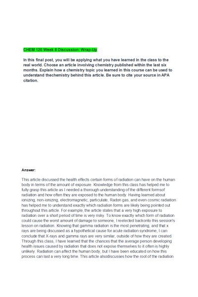 CHEM 120 Week 8 Discussion; Wrap-Up