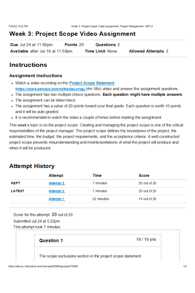 MGMT 404 Week 3 Project Scope Video Assignment (Score; 20 out of 20)