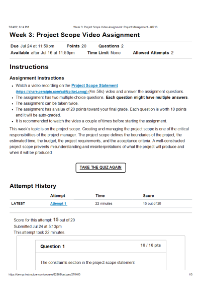 MGMT 404 Week 3 Project Scope Video Assignment (Score; 20 by 20)