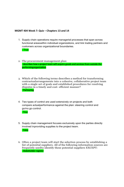 MGMT 404 Week 7 Quiz - Chapters 13, and 14