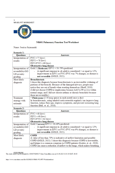 NR 601 Week 2 Assignment; Pulmonary Function Test Worksheet