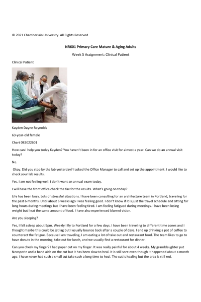 NR 601 Week 5 Assignment; Clinical Patient - Kayden Dayne Reynolds 63-year-old female