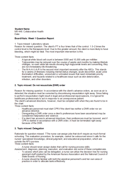 NR 446 Week 1 Board Vitals: Question Report