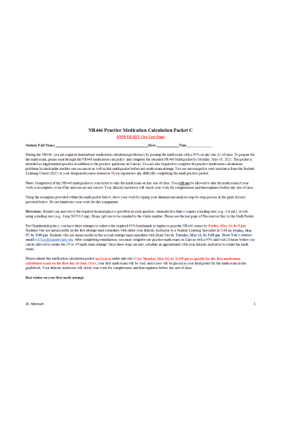 NR 446 Week 1 Practice Medication Calculation Math Packet C