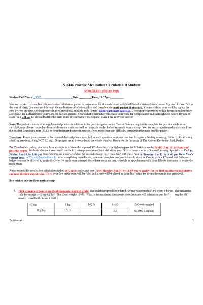 NR 446 Week 1 Practice Medication Calculation Math Packet H