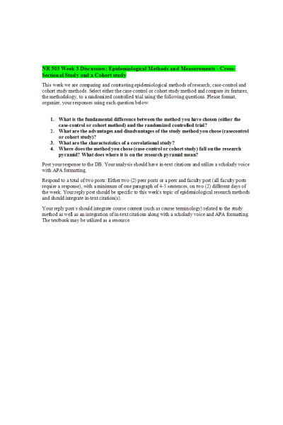 NR 503 Week 3 Discussion; Epidemiological Methods and Measurements - Cross-Sectional Study and a Cohort study