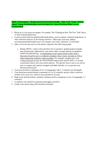 NR 503 Week 7 Discussion; Global and Environmental Health - New York Times; Article Trump Administration and Need for Clean Drinking Water in Our Environment
