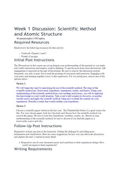 CHEM 120 Week 1 Discussion; Scientific Method and Atomic Structure