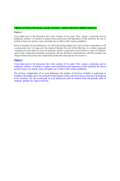 CHEM 120 Week 2 Discussion; Atomic Structure - Methyl Salicylate C8H8O3