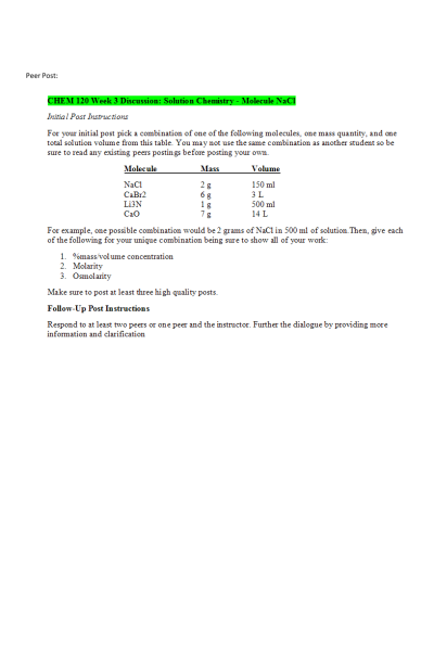 CHEM 120 Week 3 Discussion; Solution Chemistry - Molecule NaCl